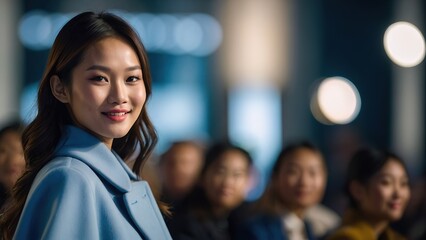Obraz premium Beautiful top model asian girl in the fashion week runway wearing blue coat dress