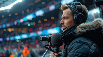 Male reporter with microphone at wide angle lens of stadium - obrazy, fototapety, plakaty