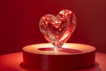 Elegant red podium background with a delicate glass heart sculpture, bathed in a warm, flattering light, representing the fragility and beauty of love