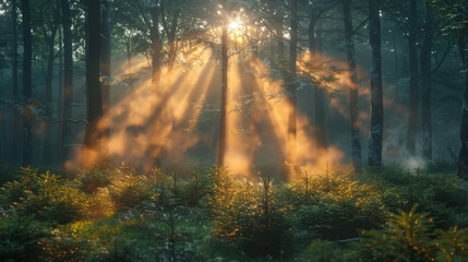 Fototapeta na wymiar Natural Forest of Spruce Trees, Sunbeams through Fog create mystic Atmosphere.