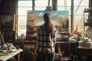 A back view of a woman artist at work in her vibrant, sunlit art studio, painting a beautiful...