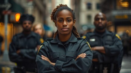 Fototapeta premium Women, men and security guards in the city fold their arms.