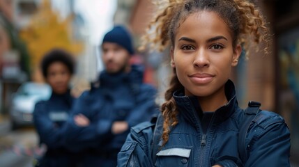 Fototapeta premium Women, men and security guards in the city fold their arms.