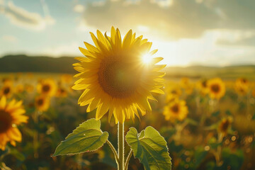 Golden Hour Sunflower Field with Radiant Sunset