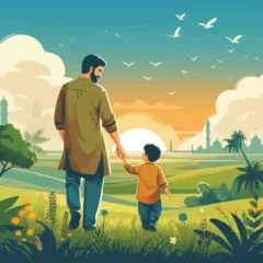 Foto op Plexiglas free vector Father holding son hand landscape outdoors nature. © MdAbdullah