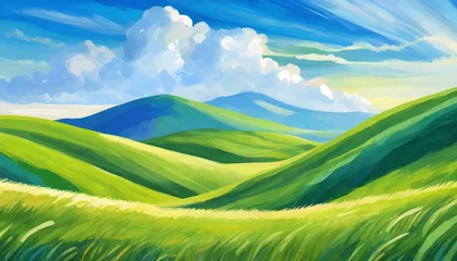 Papier Peint photo Vert-citron Detailed illustration of summer fields, green grass and blue sky with clouds. Natural landscape.