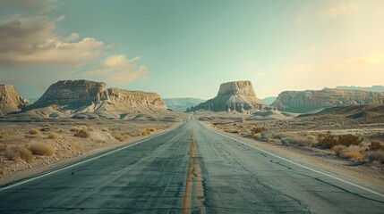 The road winds along empty roads through a barren desert landscape.