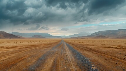 Fototapeta na wymiar The road winds along empty roads through a barren desert landscape.