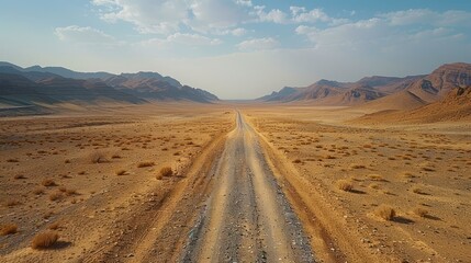 Fototapeta na wymiar The road winds along empty roads through a barren desert landscape.