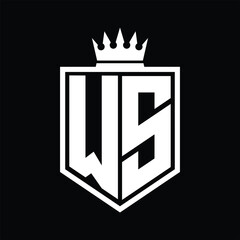 WS Logo monogram bold shield geometric shape with crown outline black and white style design