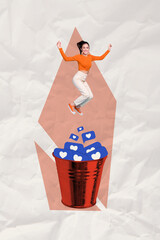Vertical creative collage poster jumping crazy girl bucket full likes notifications popularity smm...
