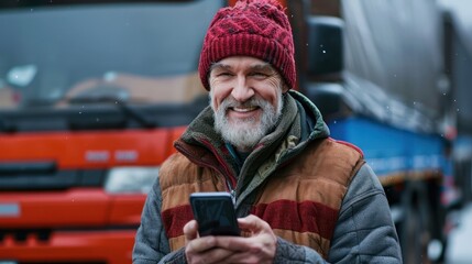 Smiling mature man using cell phone while standing near his truck. - obrazy, fototapety, plakaty