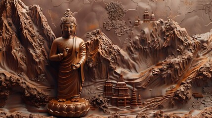 Chocolate Buddha Statue on Mountainous Terrain, To provide a visually appealing and unique representation of a Buddha statue made of chocolate,