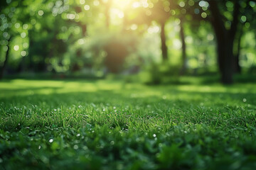 Naklejka premium Morning sun rays peering through lush green foliage