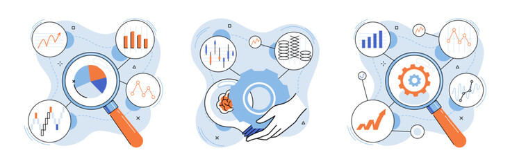 Data analysis. Vector illustration. Market research and analytics are essential for understanding consumer behavior and trends Marketing analytics helps businesses optimize their marketing strategies