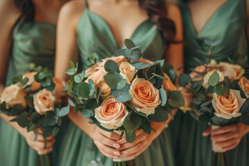 A close-up view of bridesmaids in matching green dresses, gracefully holding floral bouquets with roses and greenery - obrazy, fototapety, plakaty