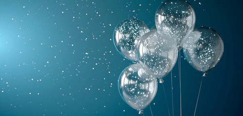 Sparkling balloons in a constellation of silver, creating a galaxy effect against a midnight blue background
