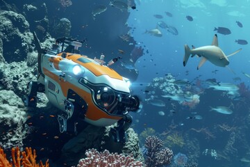 A robot assisting a marine biologist by studying sharks near a vibrant coral reef in the deep ocean