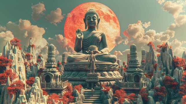 Buddha Statue on a Red Planet in Psychedelic Dreamscapes, Conveying a sense of spirituality, otherworldliness, and transcendence Ideal for