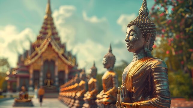Golden Buddha Statues in Surreal and Realistic Styles, This image offers a unique and visually appealing representation of Buddhist figures,
