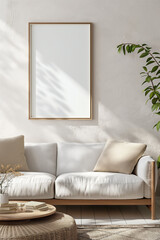 A mock-up photo frame, a wooden commode, plants in black pots, a gray sofa, books, and personal items are all features of a modern Scandinavian apartment. chic interior design. Template