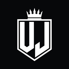 VJ Logo monogram bold shield geometric shape with crown outline black and white style design