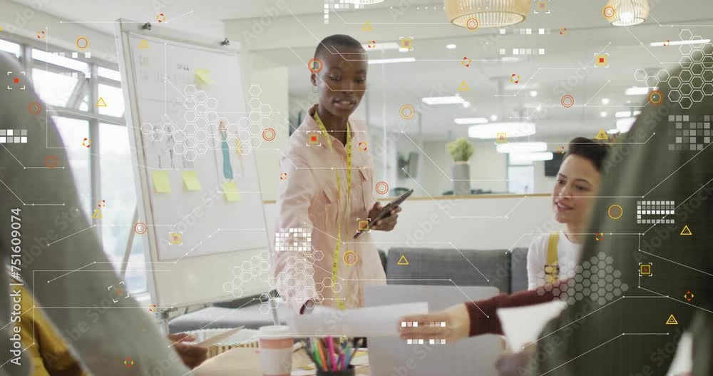 Poster animation of processing data over diverse colleagues discussing at casual office meeting