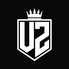 VZ Logo monogram bold shield geometric shape with crown outline black and white style design