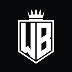 WB Logo monogram bold shield geometric shape with crown outline black and white style design