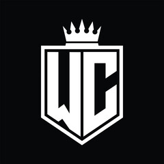 WC Logo monogram bold shield geometric shape with crown outline black and white style design