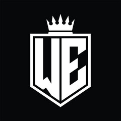 WE Logo monogram bold shield geometric shape with crown outline black and white style design
