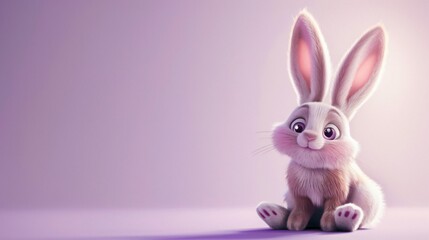 Fototapeta premium Chibi style bunny sitting adorably with oversized ears looking up with big sparkling eyes on a soft lavender background leaving ample copyspace for text