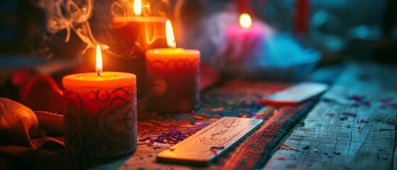 Candlelit seance with a psychic medium spirit board whispers and a ghostly apparition flickers into view