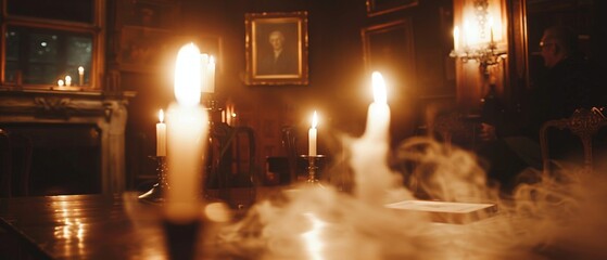 Candlelit seance with a psychic medium spirit board whispers and a ghostly apparition flickers into view - obrazy, fototapety, plakaty