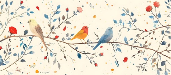 Colorful Birds Perched on a Branch in a Romantic Illustration