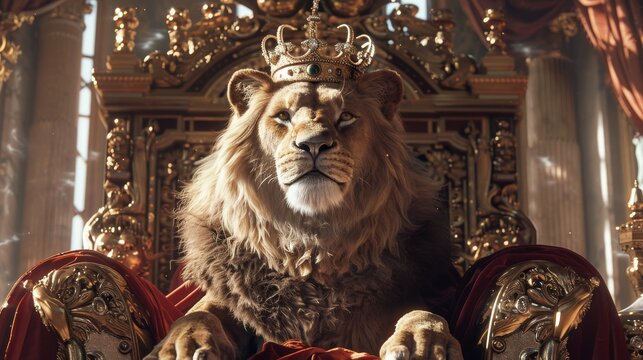 An opulent depiction of a lion king in a throne room wearing a crown and draped in a royal robe symbolizing power and nobility