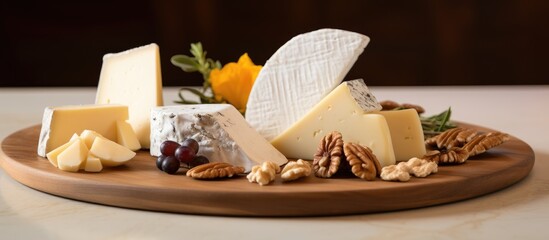 A white wooden plate is featured in the image, showcasing an array of different types of cheeses neatly arranged. The cheeses are separated by wooden dividers, creating an organized and visually