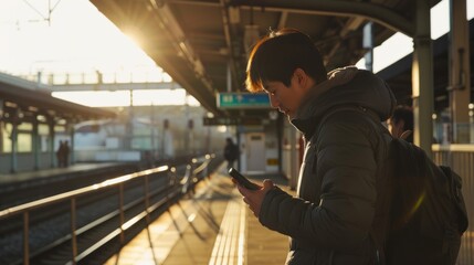Man using cell phone at transit station for work commute.