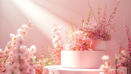 empty product podium with spring flowers in soft pastel color background 