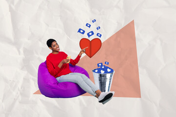 Creative collage picture of cheerful girl sit beanbag use smart phone point finger heart like...