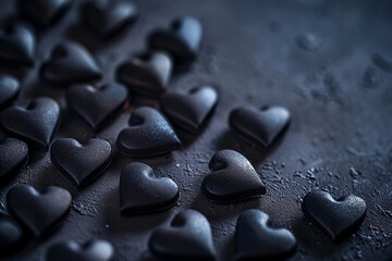A minimalist composition of small black hearts scattered across a dark, matte background, with strategic lighting to highlight their silhouettes, offering a sophisticated Valentine's Day visual