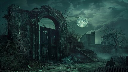 In a deserted city survival gear scattered a barricaded door stands against zombies under a moonlit night - obrazy, fototapety, plakaty