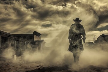 In a ghost town a dust storm swirls as clinking spurs and echoing footsteps herald a phantom gunslinger - obrazy, fototapety, plakaty