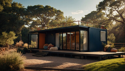 A stylish shipping container retreat bathed in sunlight, showcasing innovative design elements and sustainable living solutions.