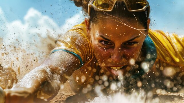 A closeup of a young woman's sliding into home plate head first