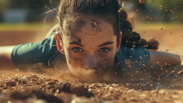 A closeup of a young woman's sliding into home plate head first