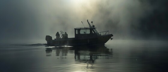 Searching for the Loch Ness monster a boat and its crew scan a misty lake sonar catching shadows in the water