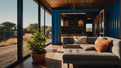A sunlit shipping container dwelling, perfectly adorned for a sustainable lifestyle.