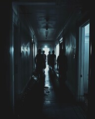 Shadow people move through a dark hallway their silhouettes illuminated by motion sensor lights and moonlight