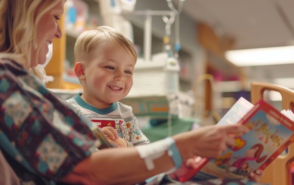 Recovery room filled with laughter as a pediatric nurse reads from a storybook colorful bandaids in view